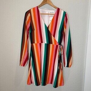 NWT Sadie & Sage Multicolored Stripe Faux Wrap Mini Dress - Size Small